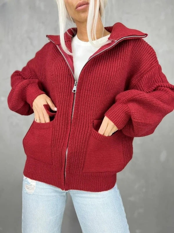 Women's Cardigan – Relaxed Fit – Knitted Wool – Zip Closure – Ribbed Texture – Flap Pockets