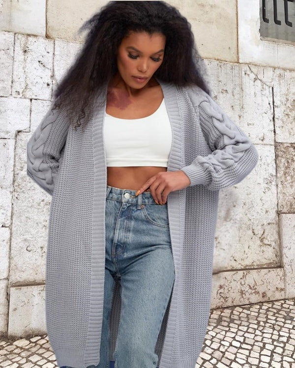 Ladies Knitted Jacket – Wool – Oversized Fit – Cable Sleeve – Long Open Front