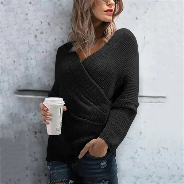 Women's Wrap Sweater – Textured Knit – V-neck – Ribbed Edges – Relaxed Fit