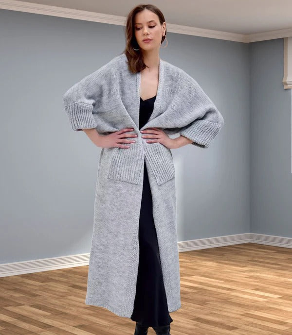 Women's Knitted Jacket – Oversized Fit – Wool Look – V-neck – Open Model With Pockets