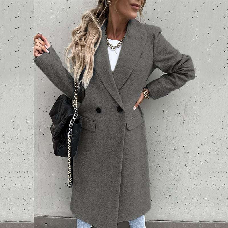Women's Long Coat – Wool – Fitted Model – Button Closure – Classic Notched Lapel