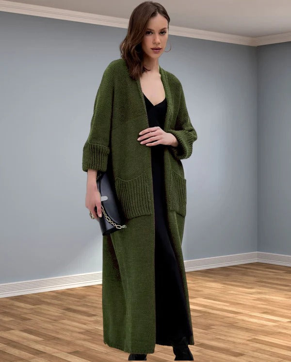 Women's Knitted Jacket – Oversized Fit – Wool Look – V-neck – Open Model With Pockets