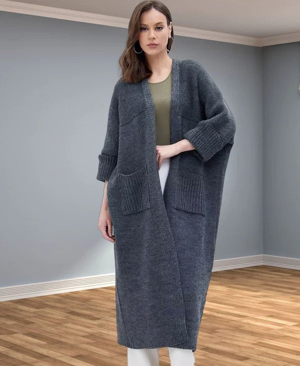 Women's Knitted Jacket – Oversized Fit – Wool Look – V-neck – Open Model With Pockets