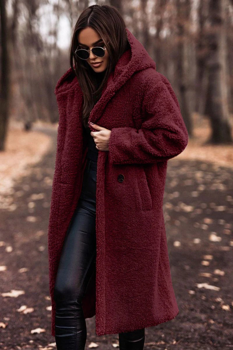 Women's Teddy Coat – Oversized Fit – Soft Fleece – Long Open Front – With Hood