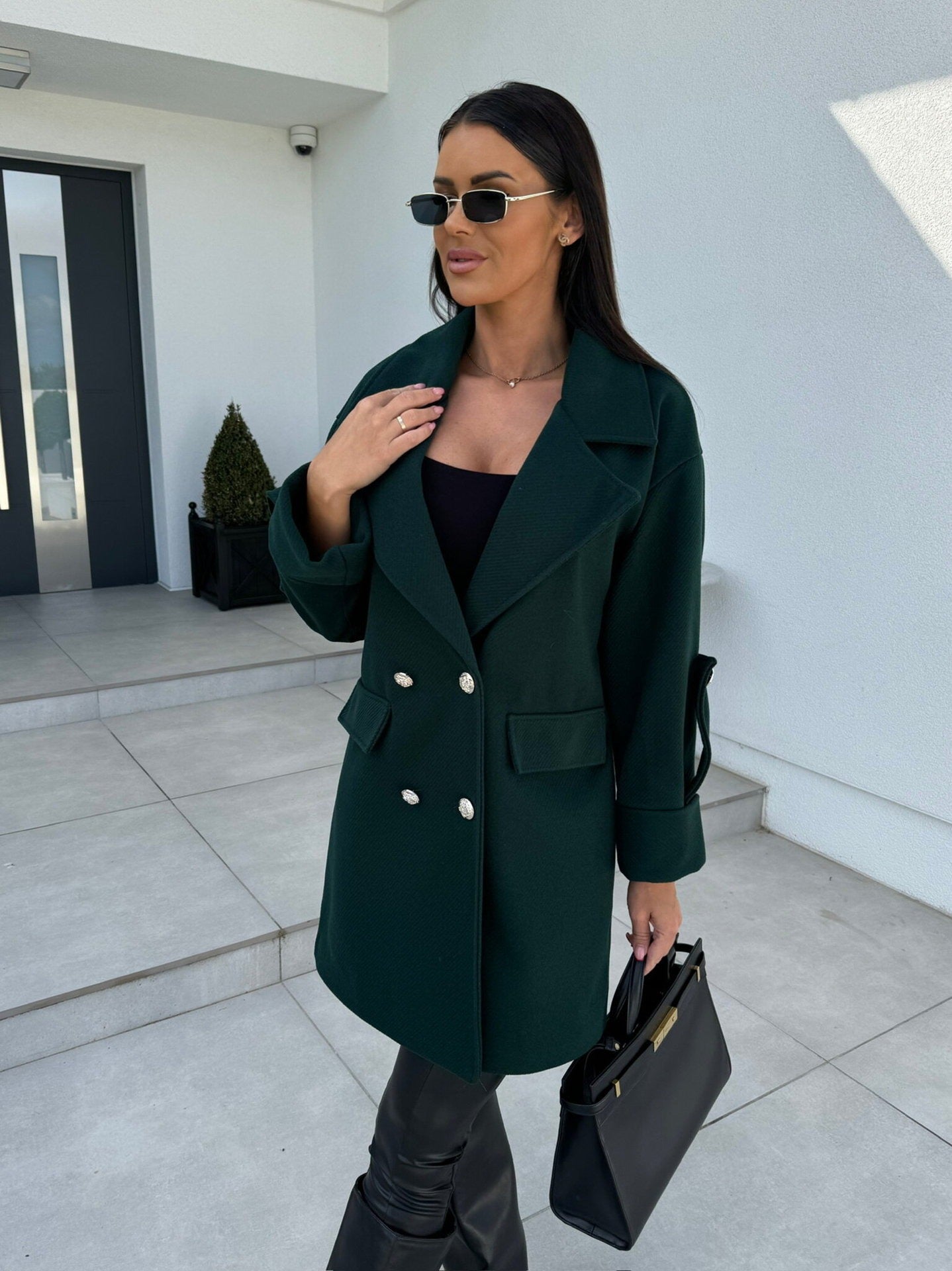 Women's Wool Coat – H-Line Fit – Blazer Collar – Double-Breasted – Knee-Length