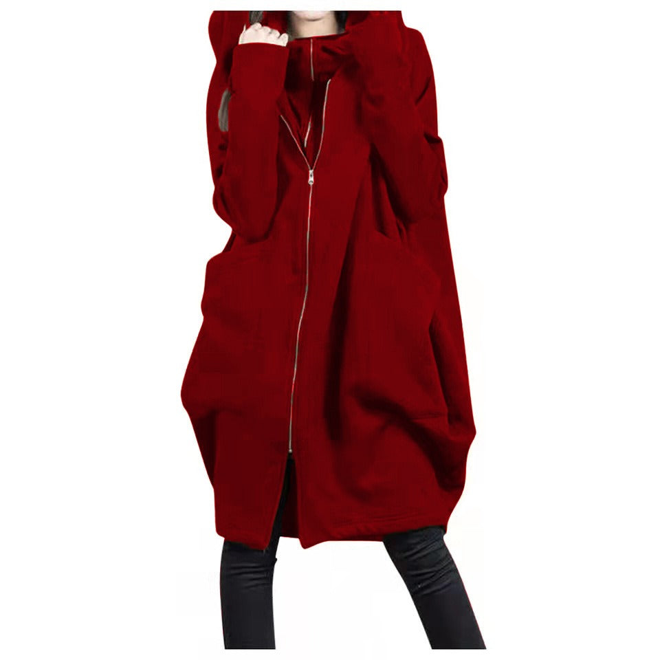 Women's Mid-Length Coat – Oversized Fit – Hood – Zipper Closure – Soft Wool Look
