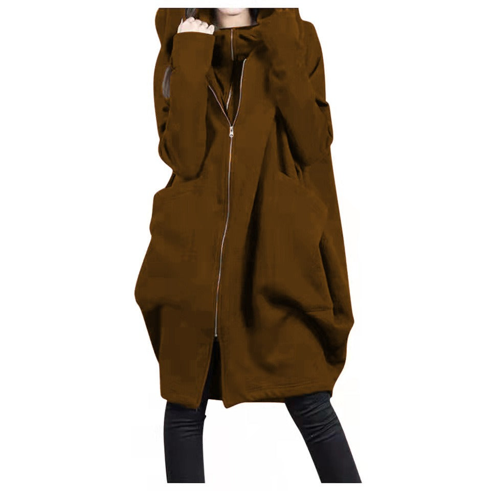 Women's Mid-Length Coat – Oversized Fit – Hood – Zipper Closure – Soft Wool Look
