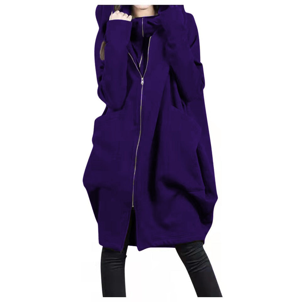 Women's Mid-Length Coat – Oversized Fit – Hood – Zipper Closure – Soft Wool Look