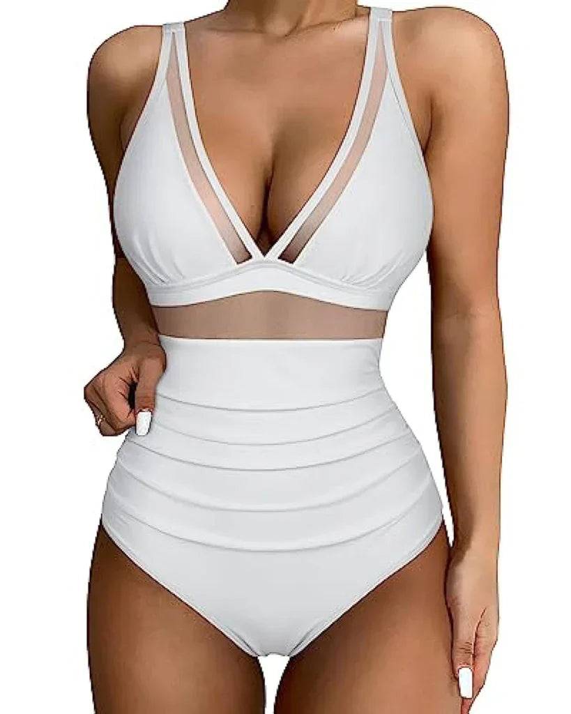Ladies Swimsuit - Shaping Effect - Mesh Insert - High Waist Model - Deep Neckline