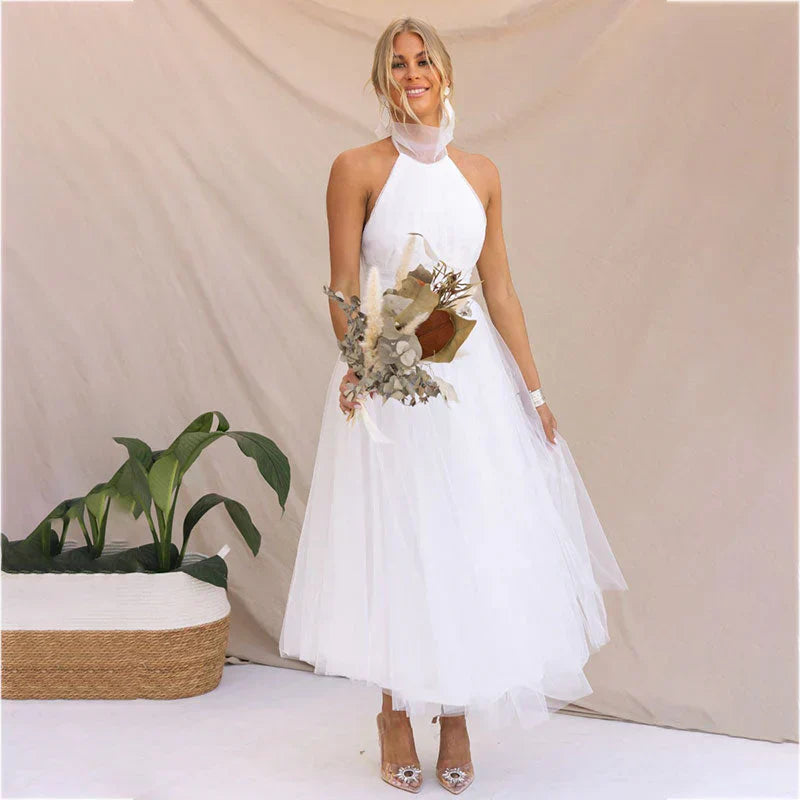 Women's midi dress – Halter neck – Figure-hugging bodice – A-line skirt – Luxury fabric