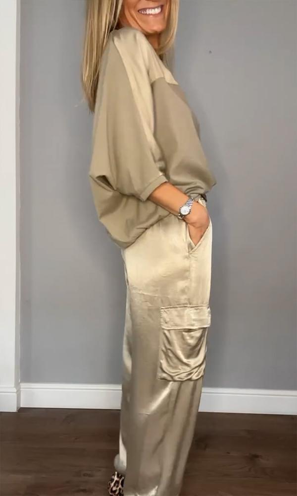 Dames Tweedelige Set – Satijnen Cargo Broek – Losvallende Top – Comfort Fit