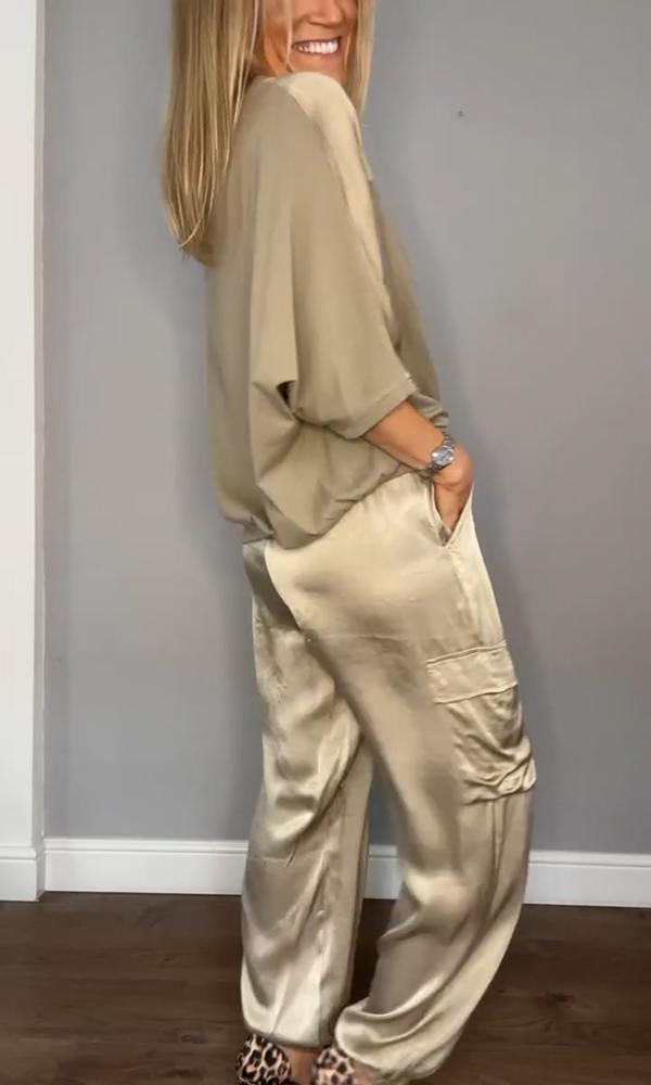 Dames Tweedelige Set – Satijnen Cargo Broek – Losvallende Top – Comfort Fit