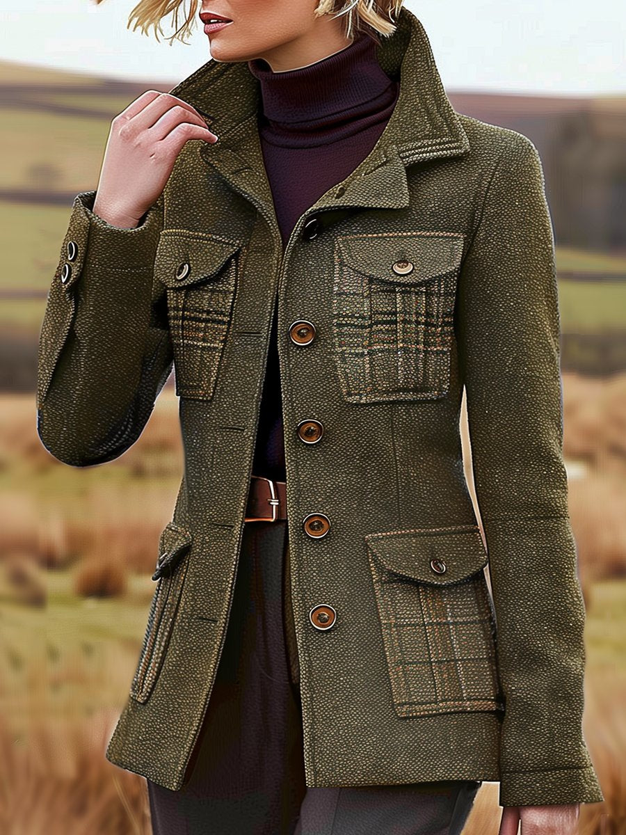 Vintage wollen blazer - groene jachtstijl jas met meerdere zakken en opstaande kraag