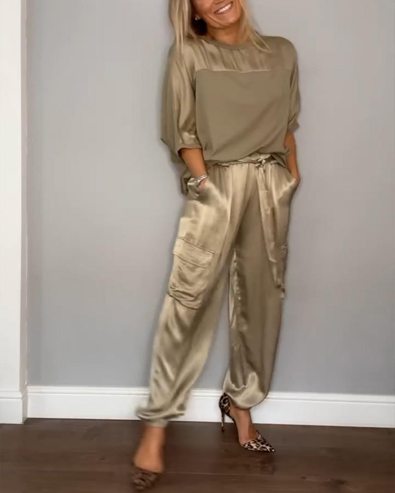 Dames Tweedelige Set – Satijnen Cargo Broek – Losvallende Top – Comfort Fit