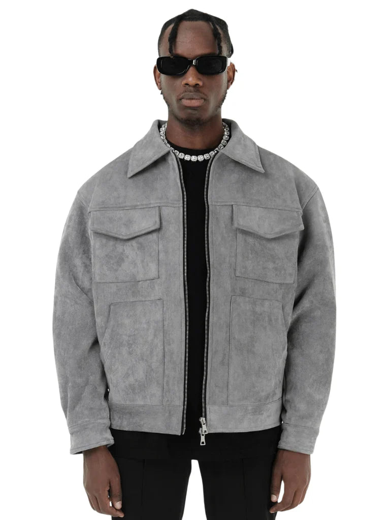 Men's Jacket – Oversized Fit – Suede Look – Zip Closure – Chest Flap Pockets
