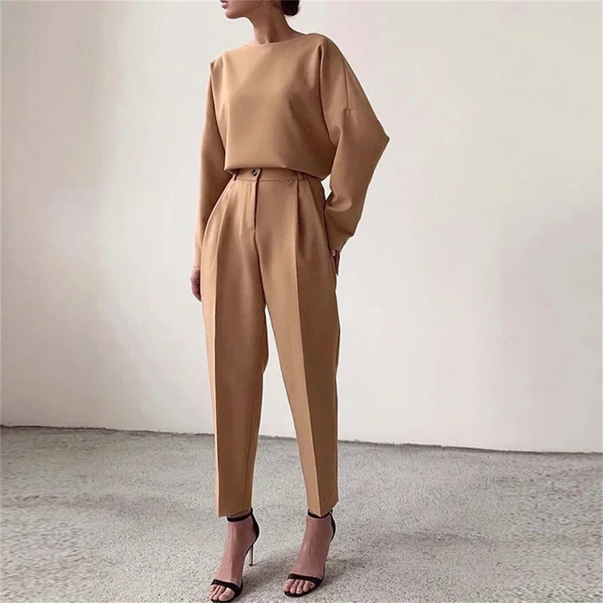 Dames Tweedelige Set – Blouse met Lange Mouwen – Hoge Taille Pantalon – Elegante Pasvorm