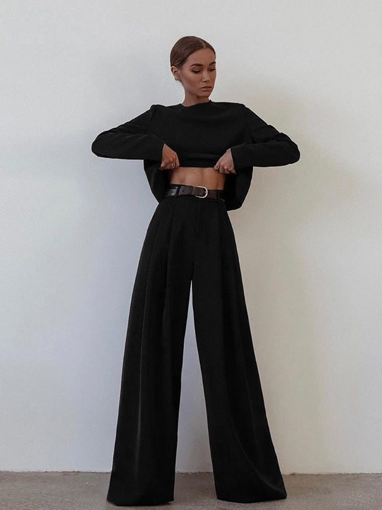 Women's Set – Cropped Top with Long Sleeves – High-Waist Wide Pants – Elegant Fit