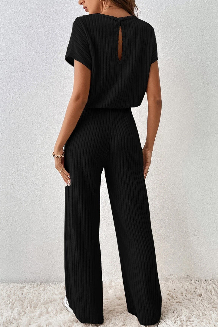 Noor – Zwarte Geribbelde Jumpsuit met Wijde Pijpen voor Dames