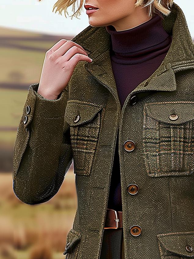 Vintage wollen blazer - groene jachtstijl jas met meerdere zakken en opstaande kraag