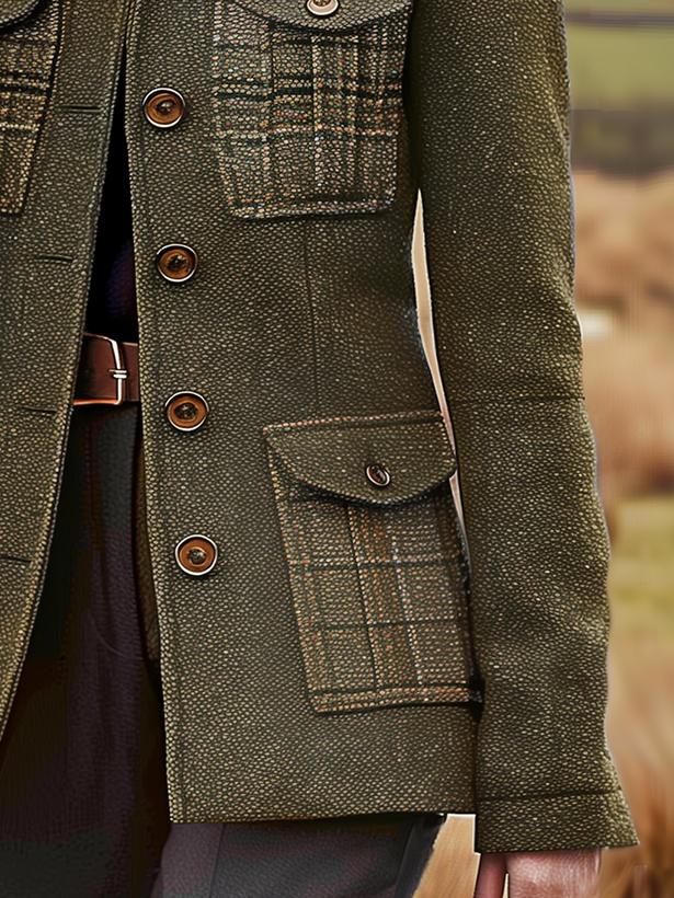 Vintage wollen blazer - groene jachtstijl jas met meerdere zakken en opstaande kraag