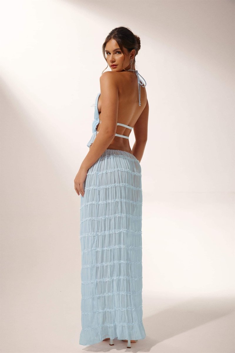 Ladies Set – Halter Crop Top Backless – Pleated – Airy Flared Maxi Skirt