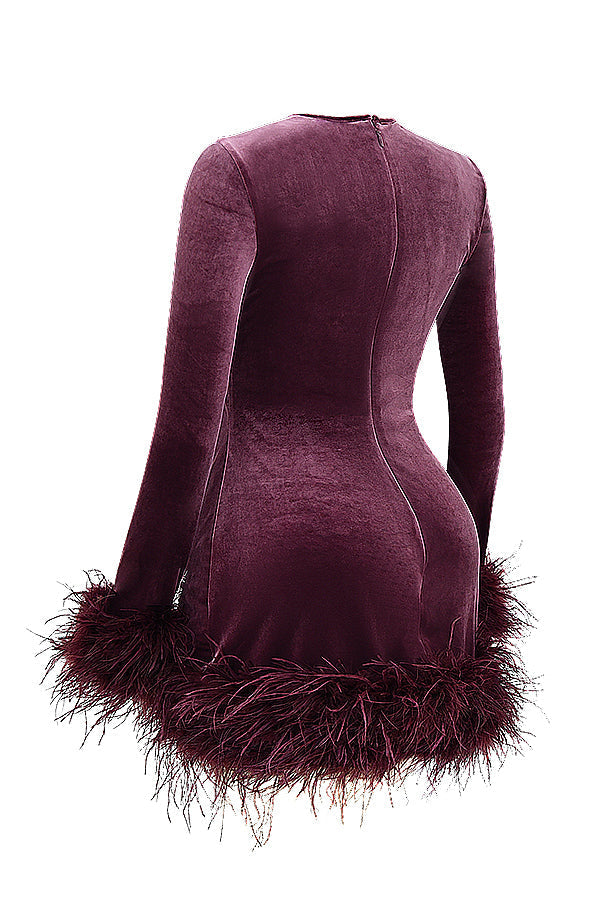 Velvet jurk - elegante dames mini jurk met verenrand