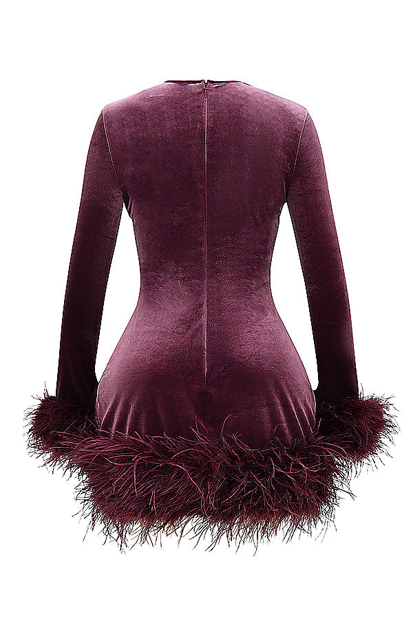 Velvet jurk - elegante dames mini jurk met verenrand