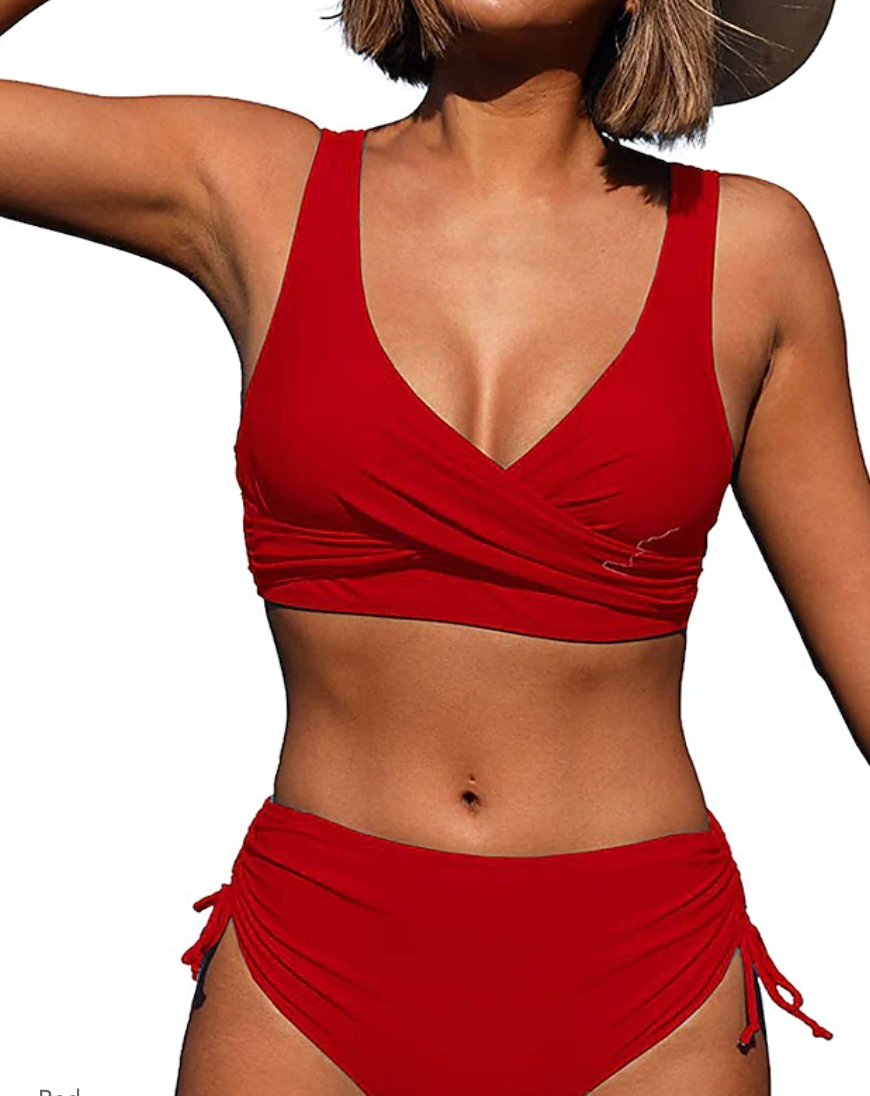 Dames Bikini Set – Wrap Top met V-Hals – Hoge Taille – Verstelbare Ruche Zijkant