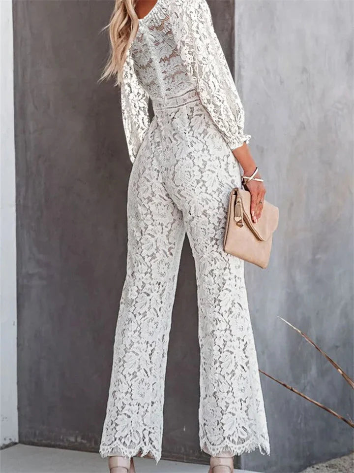 Silke – Witte Jumpsuit met Holle Bloemenprint en V-Hals voor Dames