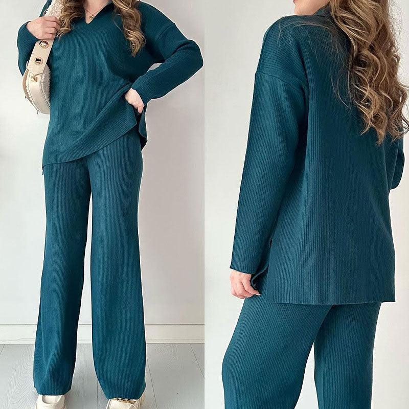 Dames Lounge Set – Gebreide Trui met V-hals – Relaxte Pasvorm – Rechte Broek – Comfort Fit