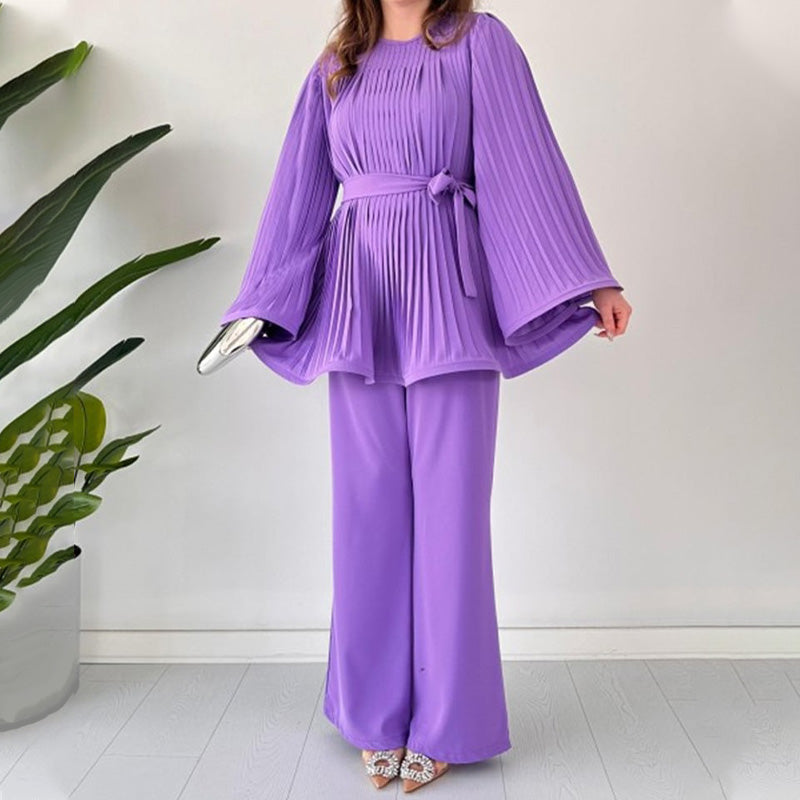 Dames Tuniek Set – Wijde Pantalon – Plissé Top – Lange Mouwen – Elegante Pasvorm