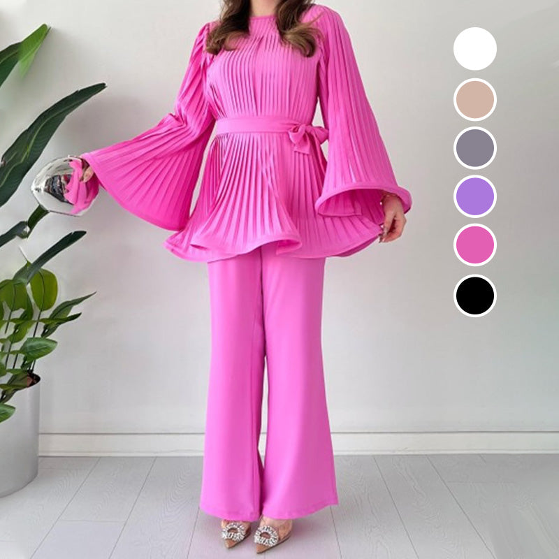 Dames Tuniek Set – Wijde Pantalon – Plissé Top – Lange Mouwen – Elegante Pasvorm