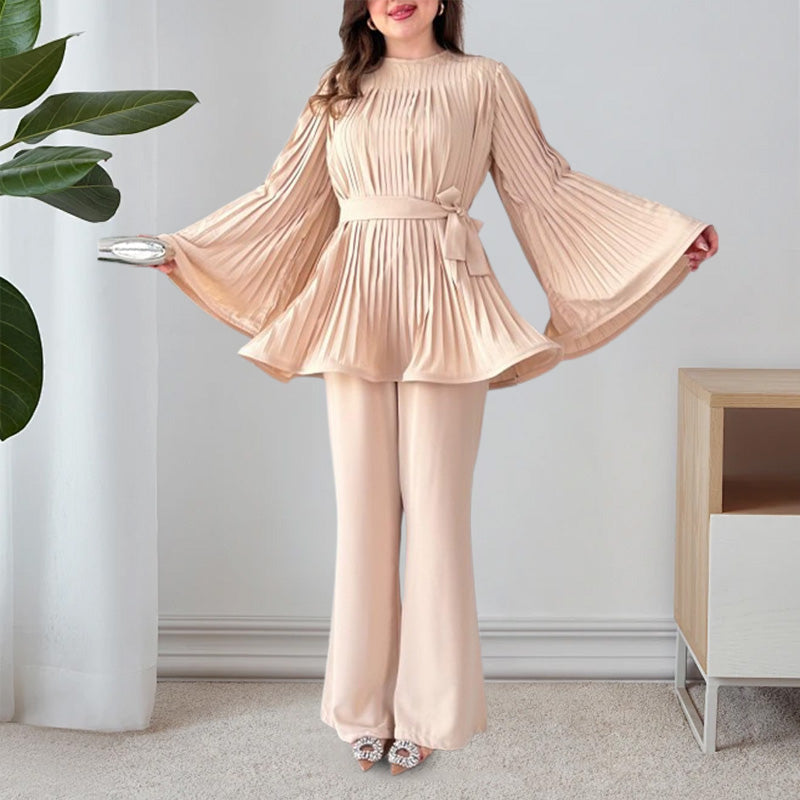 Dames Tuniek Set – Wijde Pantalon – Plissé Top – Lange Mouwen – Elegante Pasvorm