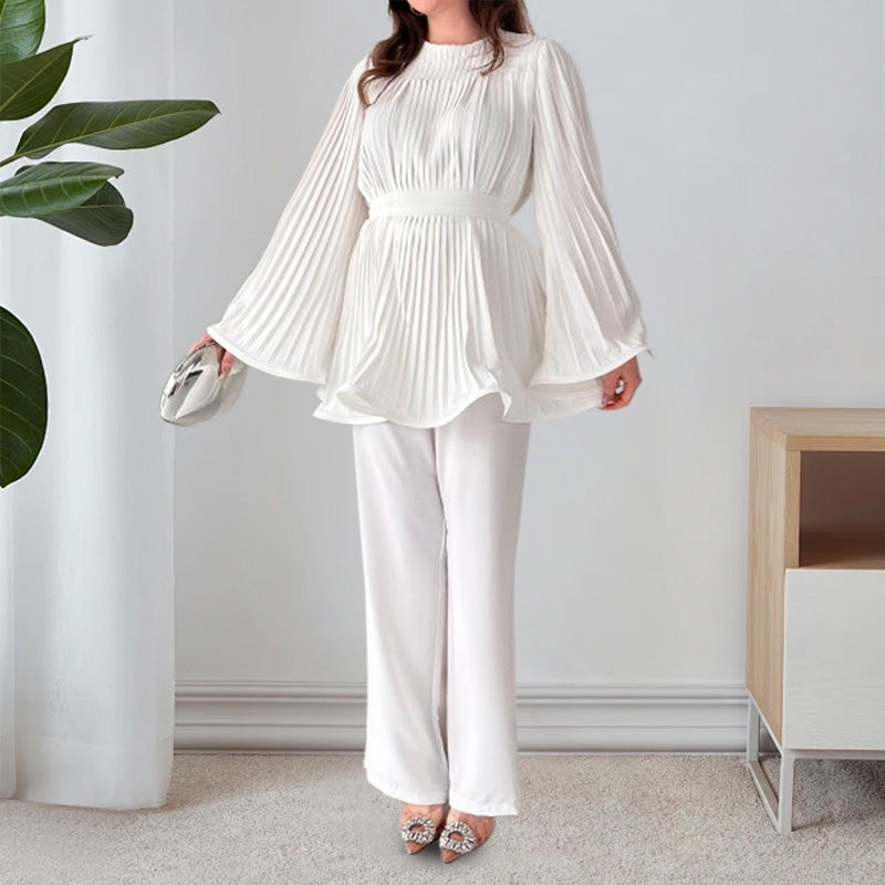 Dames Tuniek Set – Wijde Pantalon – Plissé Top – Lange Mouwen – Elegante Pasvorm