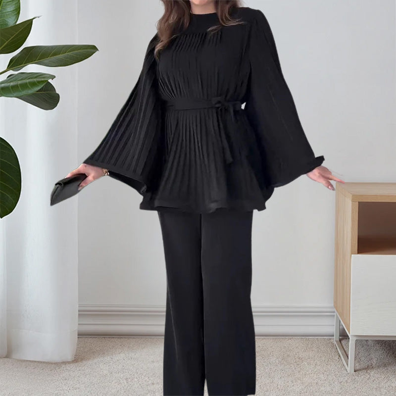 Dames Tuniek Set – Wijde Pantalon – Plissé Top – Lange Mouwen – Elegante Pasvorm