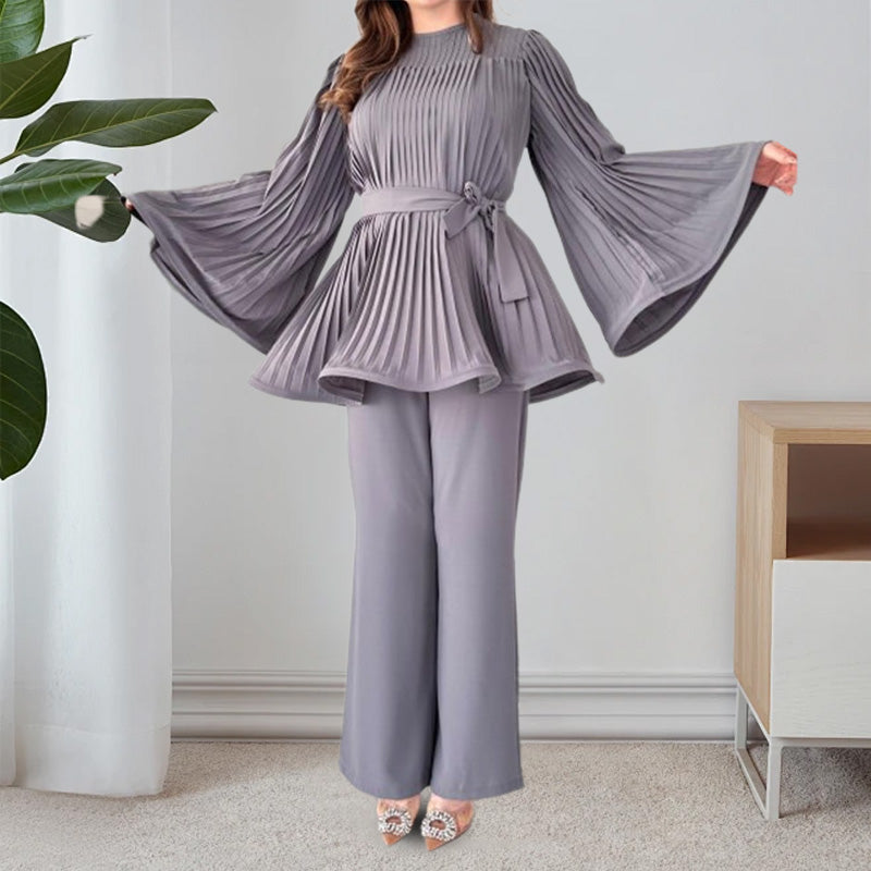Dames Tuniek Set – Wijde Pantalon – Plissé Top – Lange Mouwen – Elegante Pasvorm