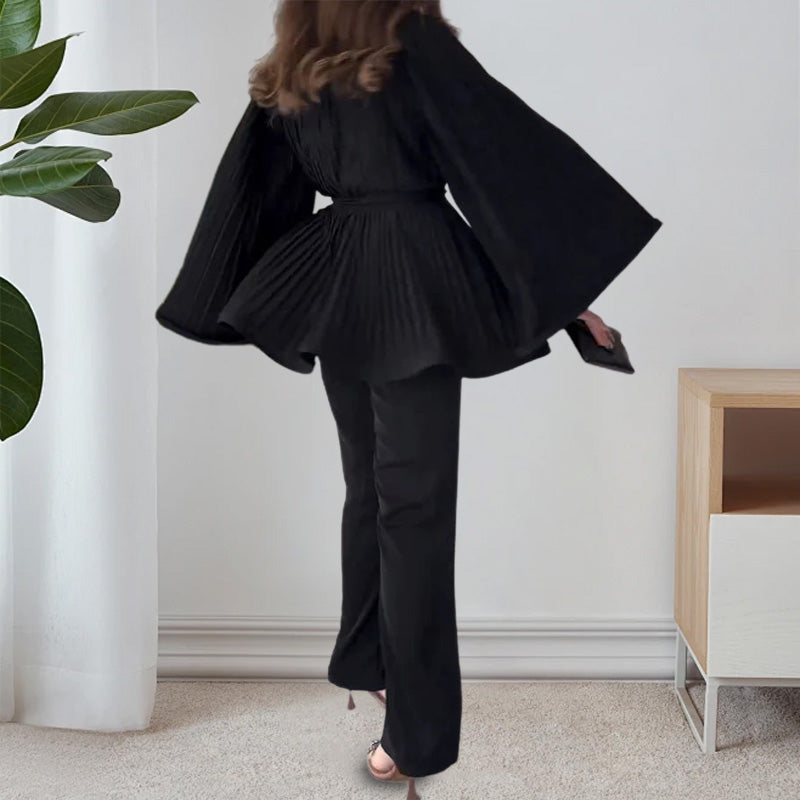 Dames Tuniek Set – Wijde Pantalon – Plissé Top – Lange Mouwen – Elegante Pasvorm