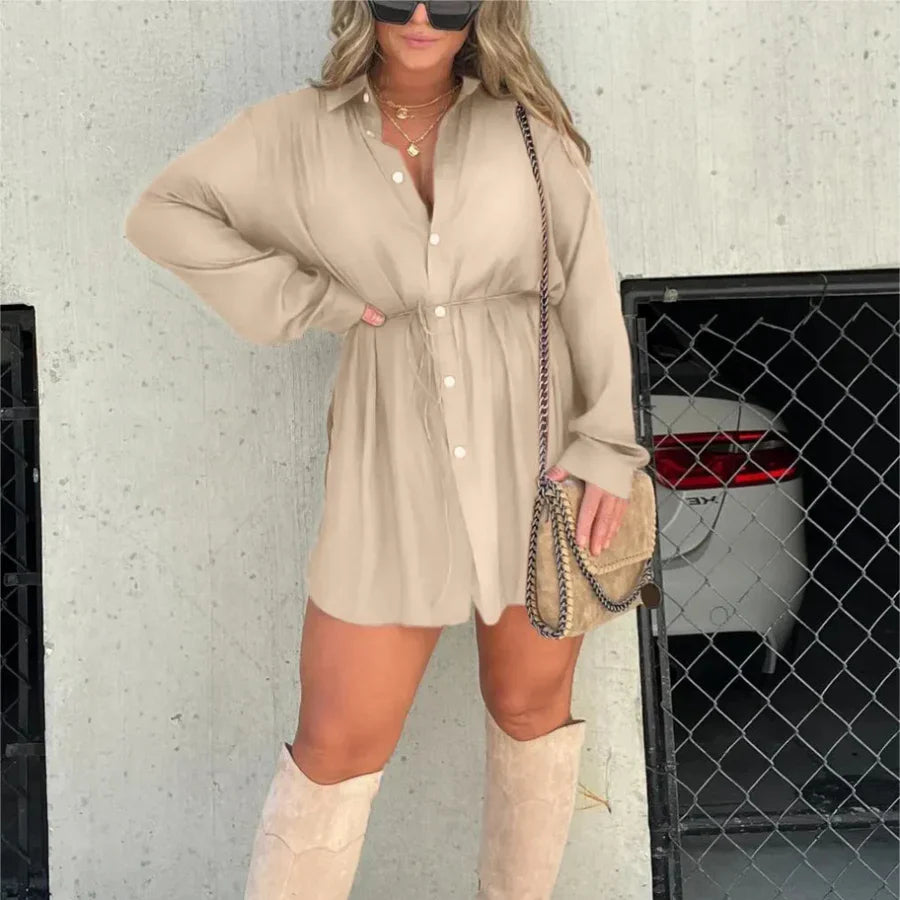 Dames Overhemdjurk – Oversized Pasvorm – Lange Mouw – Knoopsluiting – Taillekoord