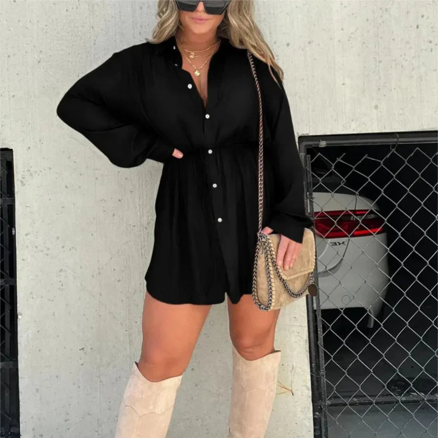 Dames Overhemdjurk – Oversized Pasvorm – Lange Mouw – Knoopsluiting – Taillekoord