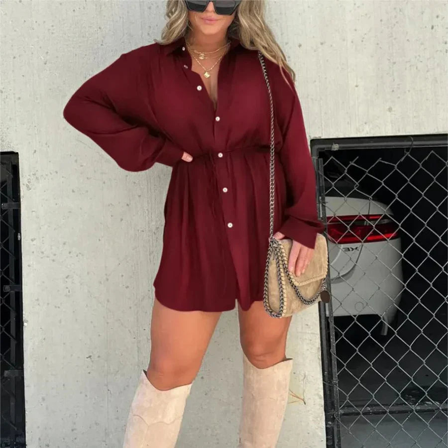 Dames Overhemdjurk – Oversized Pasvorm – Lange Mouw – Knoopsluiting – Taillekoord