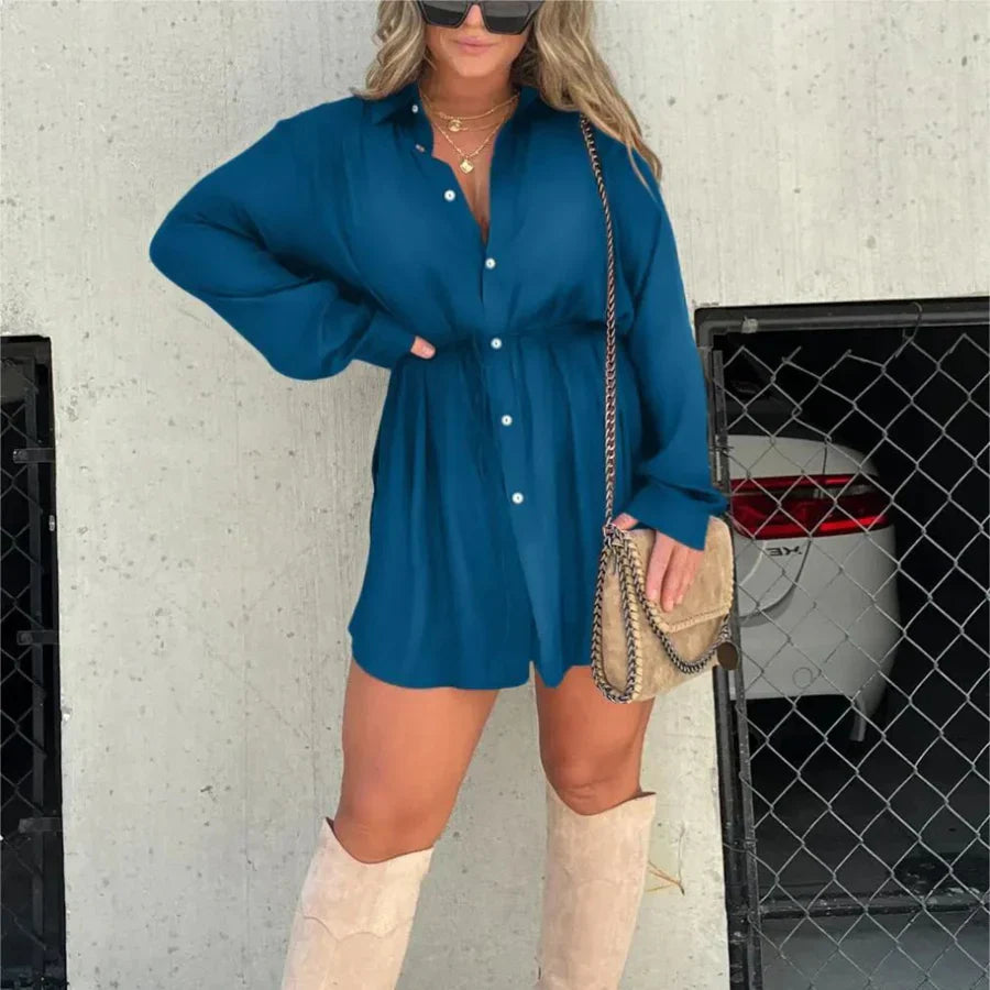 Dames Overhemdjurk – Oversized Pasvorm – Lange Mouw – Knoopsluiting – Taillekoord