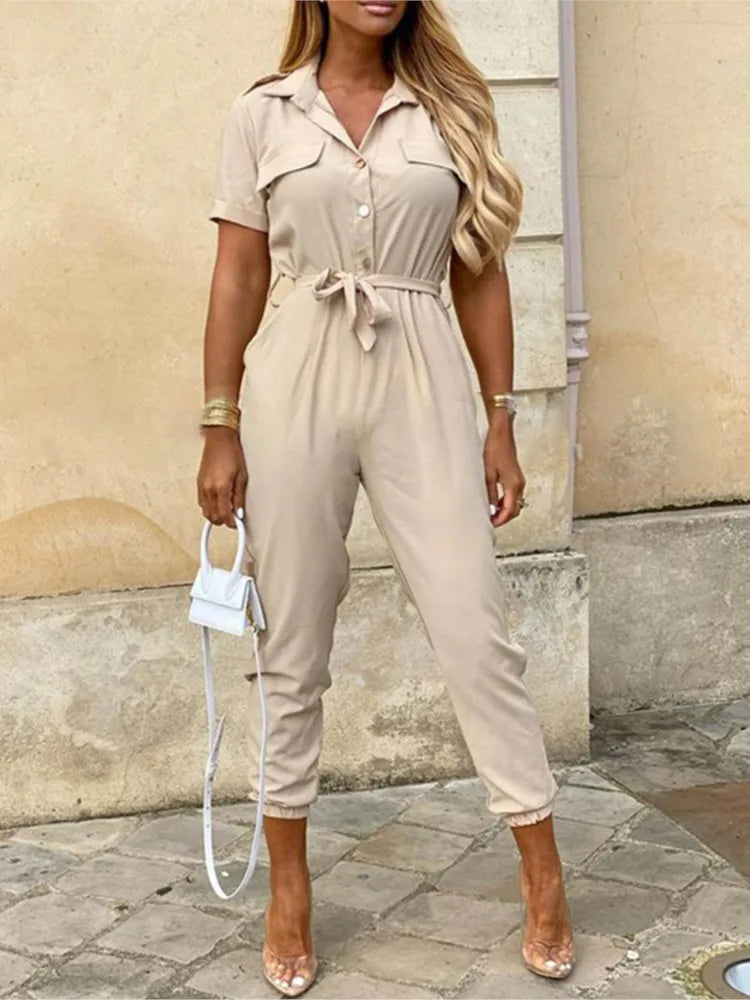 Dames Jumpsuit - Korte Mouw - Getailleerde Pasvorm - Elastische Enkel - Borstzakken