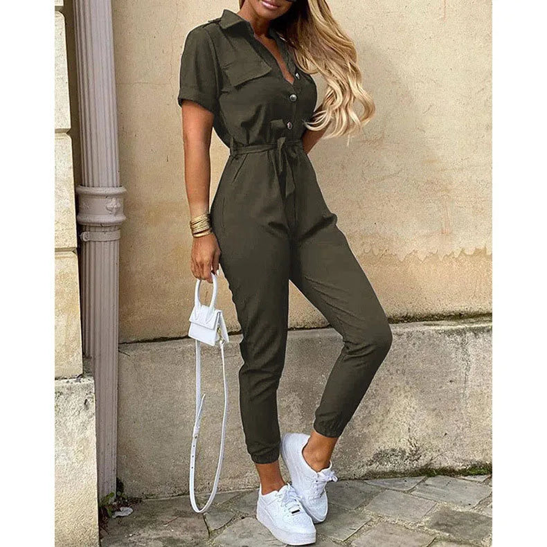 Dames Jumpsuit - Korte Mouw - Getailleerde Pasvorm - Elastische Enkel - Borstzakken
