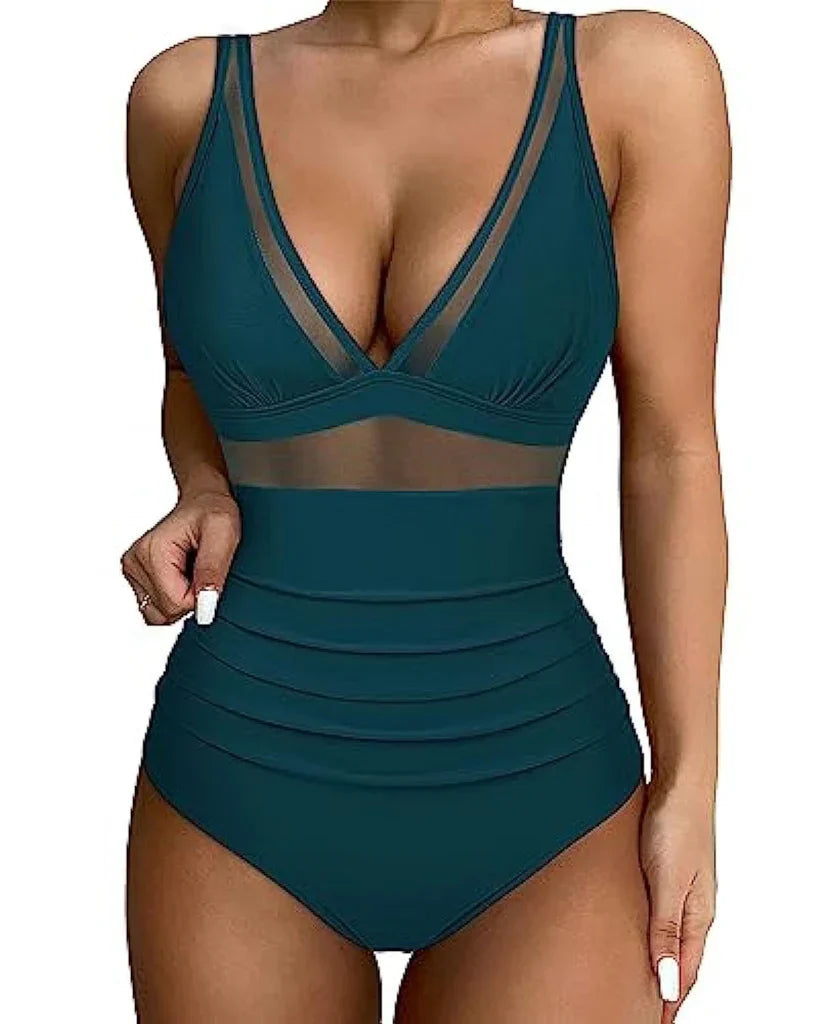 Ladies Swimsuit - Shaping Effect - Mesh Insert - High Waist Model - Deep Neckline