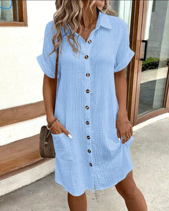 Dames Overhemdjurk – Katoen Linnenmix – Relaxed Fit – Korte Mouw – Knopen Voorkant